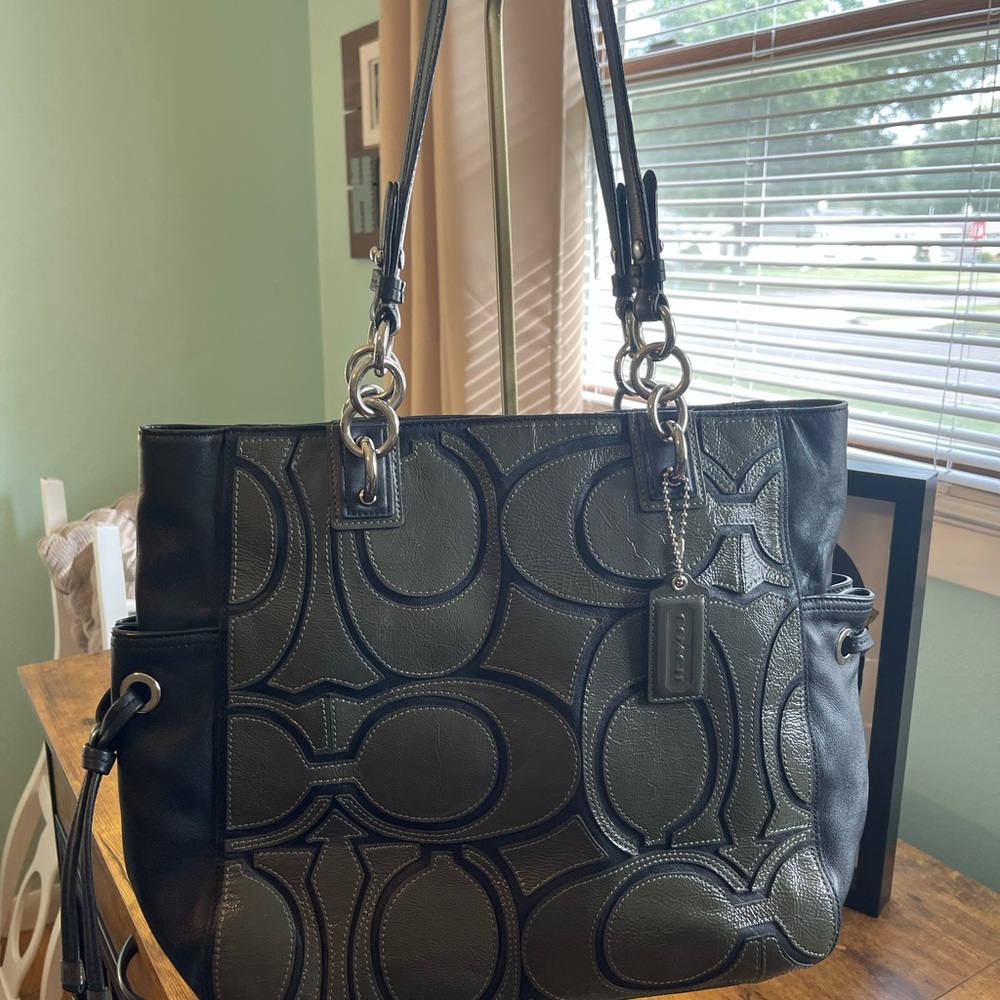 Coach Black and light Army Green  Signature Tote Bag